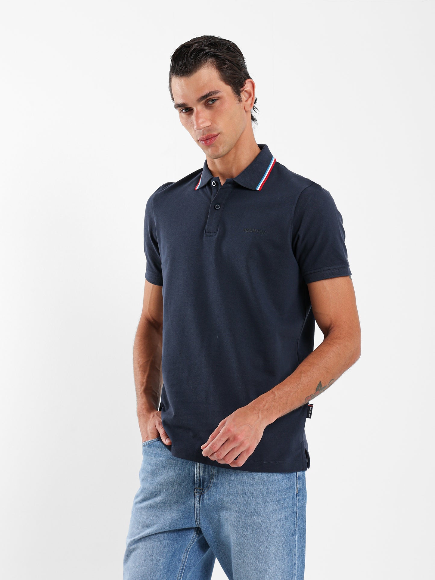 Striped Collar Pique Polo Shirt
