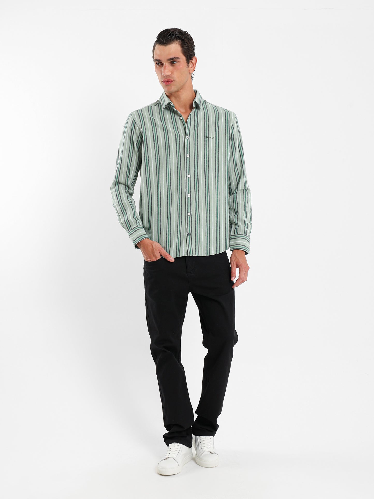 Wide Striped Shirt with Kent Collar