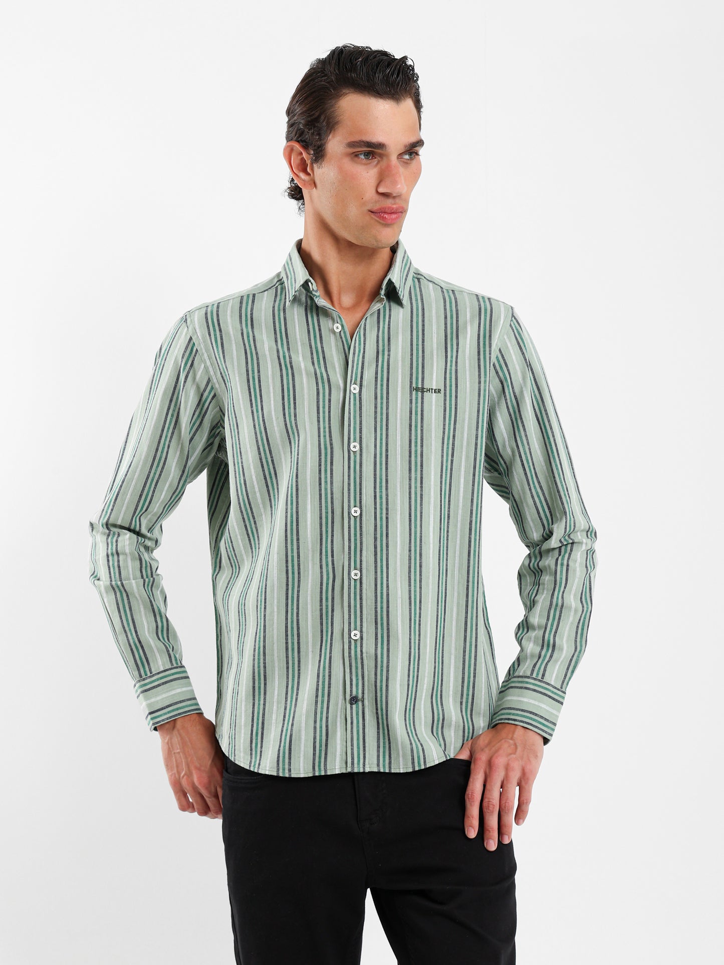 Wide Striped Shirt with Kent Collar