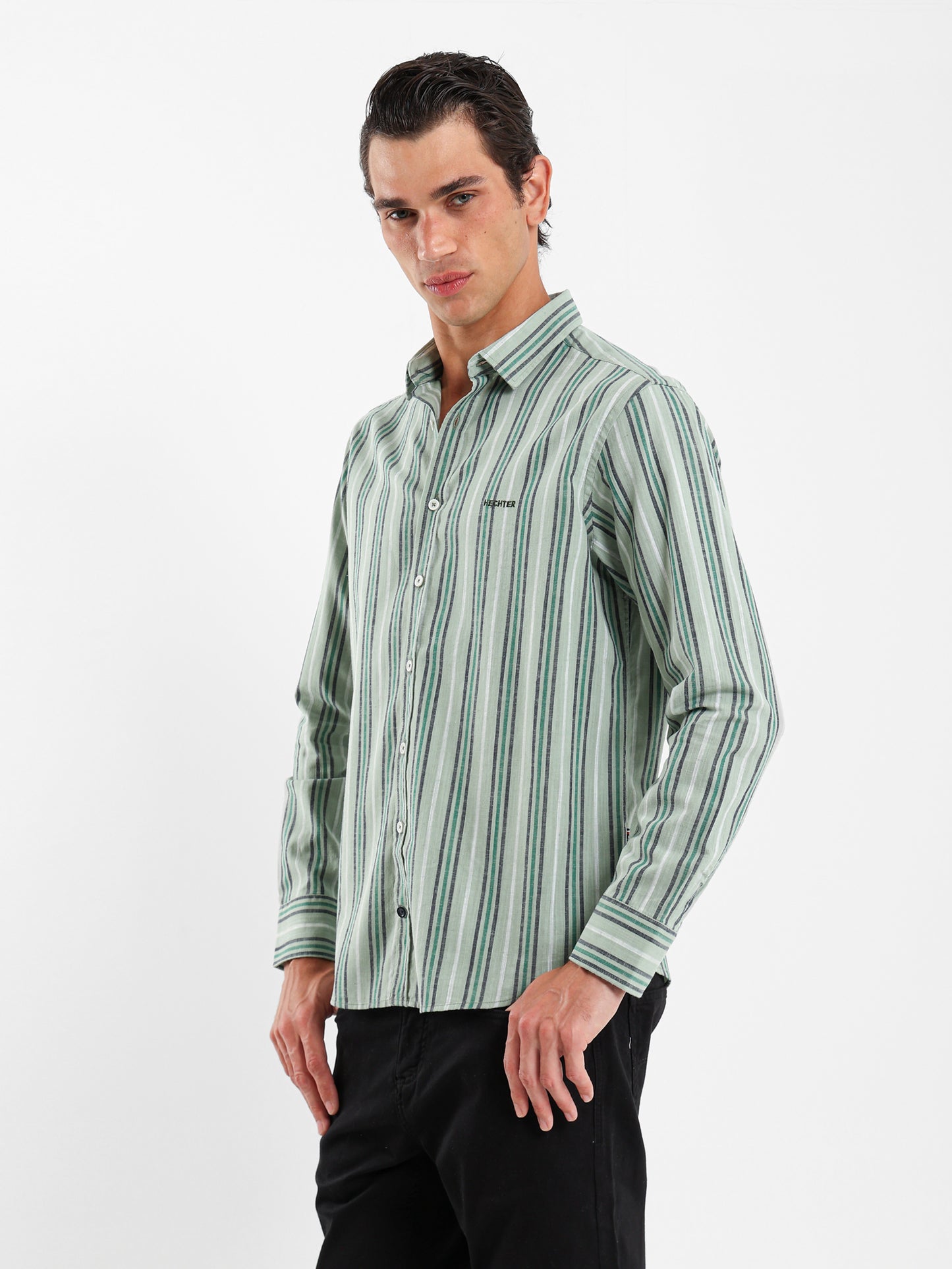 Wide Striped Shirt with Kent Collar