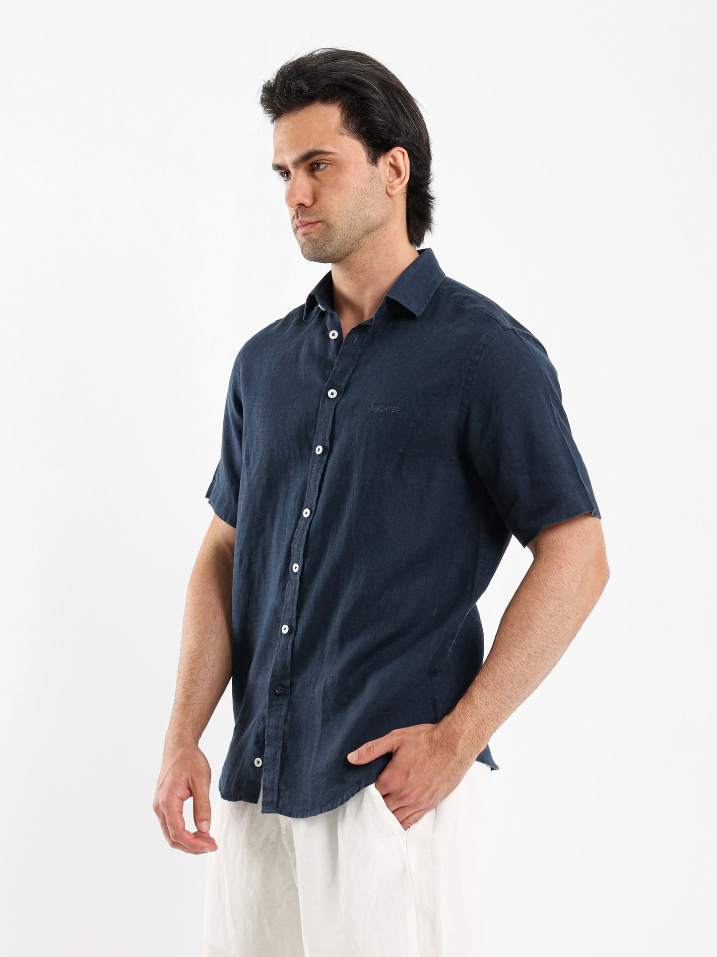 Basic Linen Shirt Short Sleeves Kent Collar