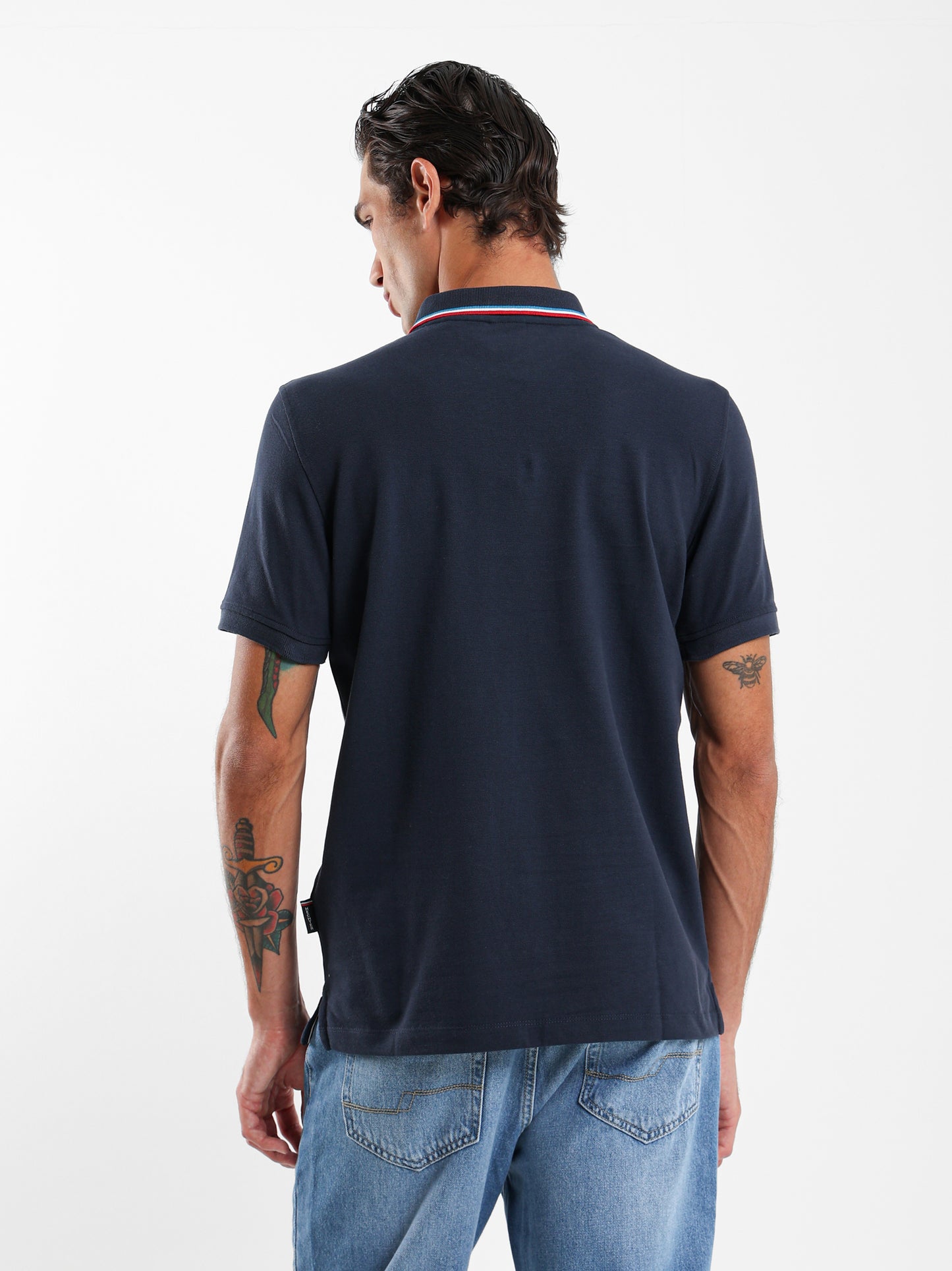 Striped Collar Pique Polo Shirt